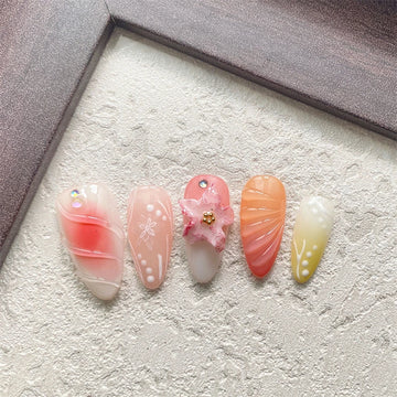 Qfdian Handmade Trendy Press On Nails, False Nails with Design, Almond Medium-Long Fake Nail Tips Cute Elegant Party Daily Wear Women